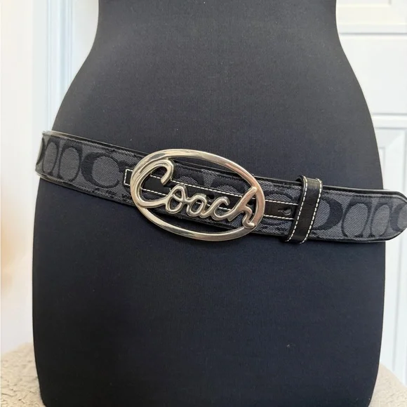 COACH SIGNATURE BELT LOGO BUCKLE LARGE BLACK SILVER - Picture 1 of 4